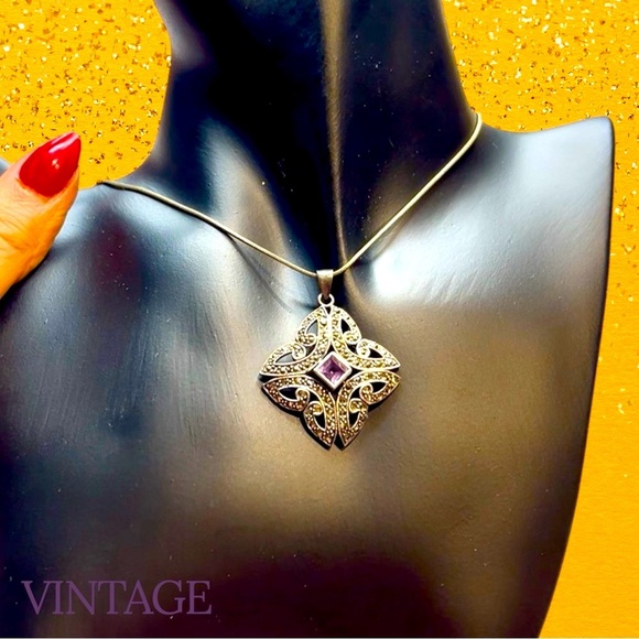 Vintage Amethyst & Marcasite Silver Pendant Necklace - Picture 5 of 7